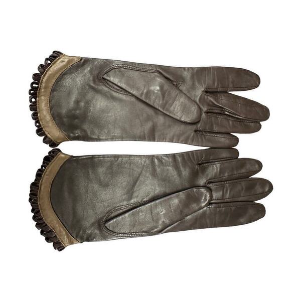 VTG Brown Leather Gloves w/ Contrasting Tan & Scallop Cuff Womens Sz 7 - Picture 3 of 4